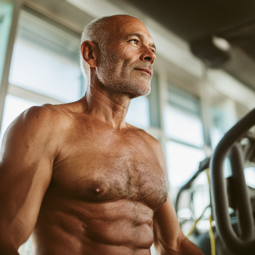 Чоловік 58 років займається спортом у залі, показує прогрес своєї фізичної форми після персонального планування харчування