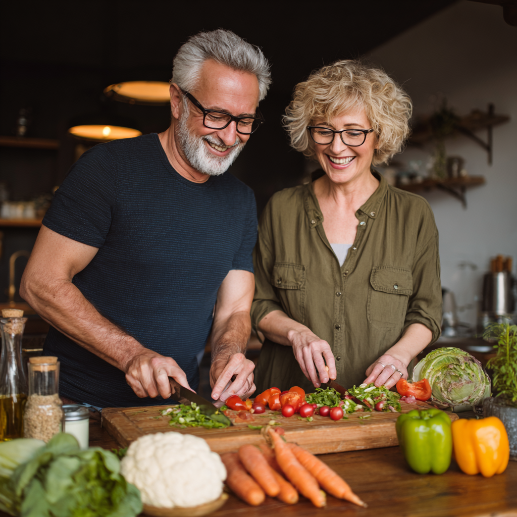 Пара людей 54 та 56 років разом готує здорову їжу, радіючи результатам персонального планування харчування від brenquoll
